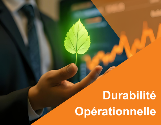 Professionnel tenant une feuille verte lumineuse devant un graphique en hausse, illustrant la durabilité opérationnelle et la croissance.